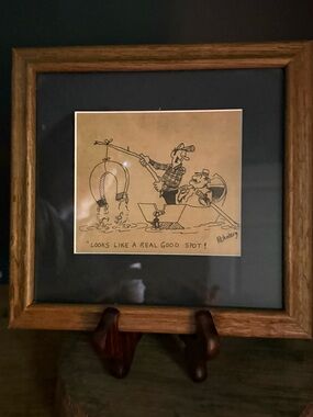 Vintage Rehberg Fishing Cartoon Print Framed Humor Cabin Lake House Decor